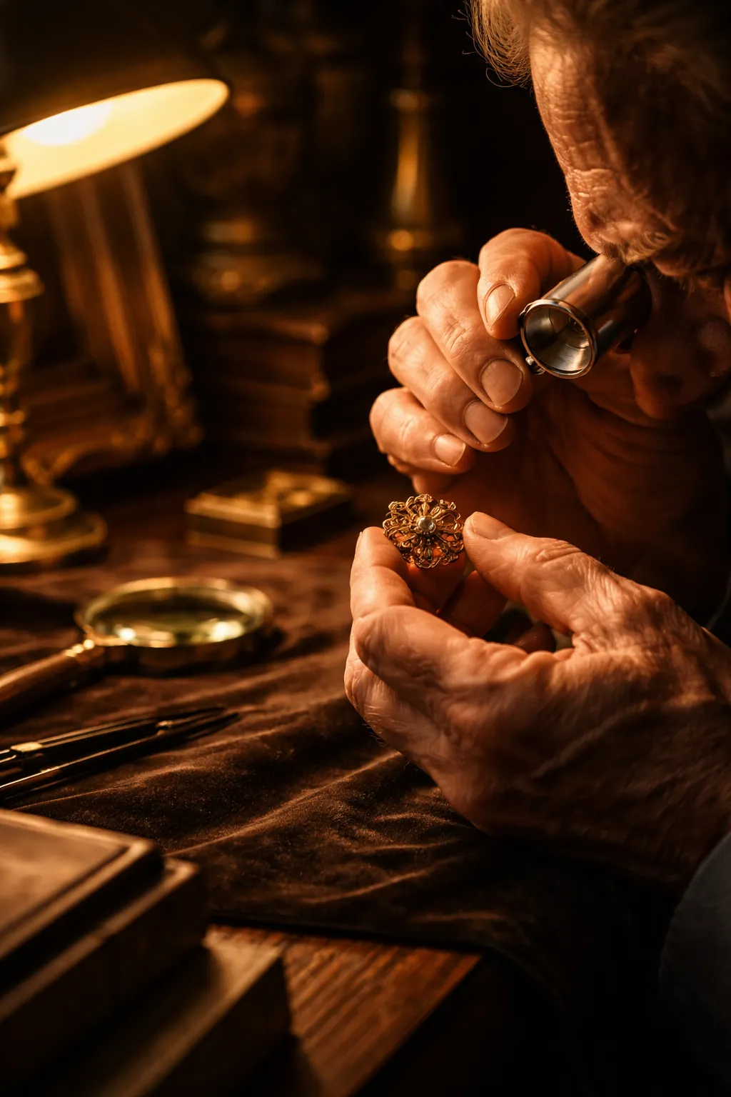 Experte bewertet antiken Goldschmuck mit Juwelierslupe