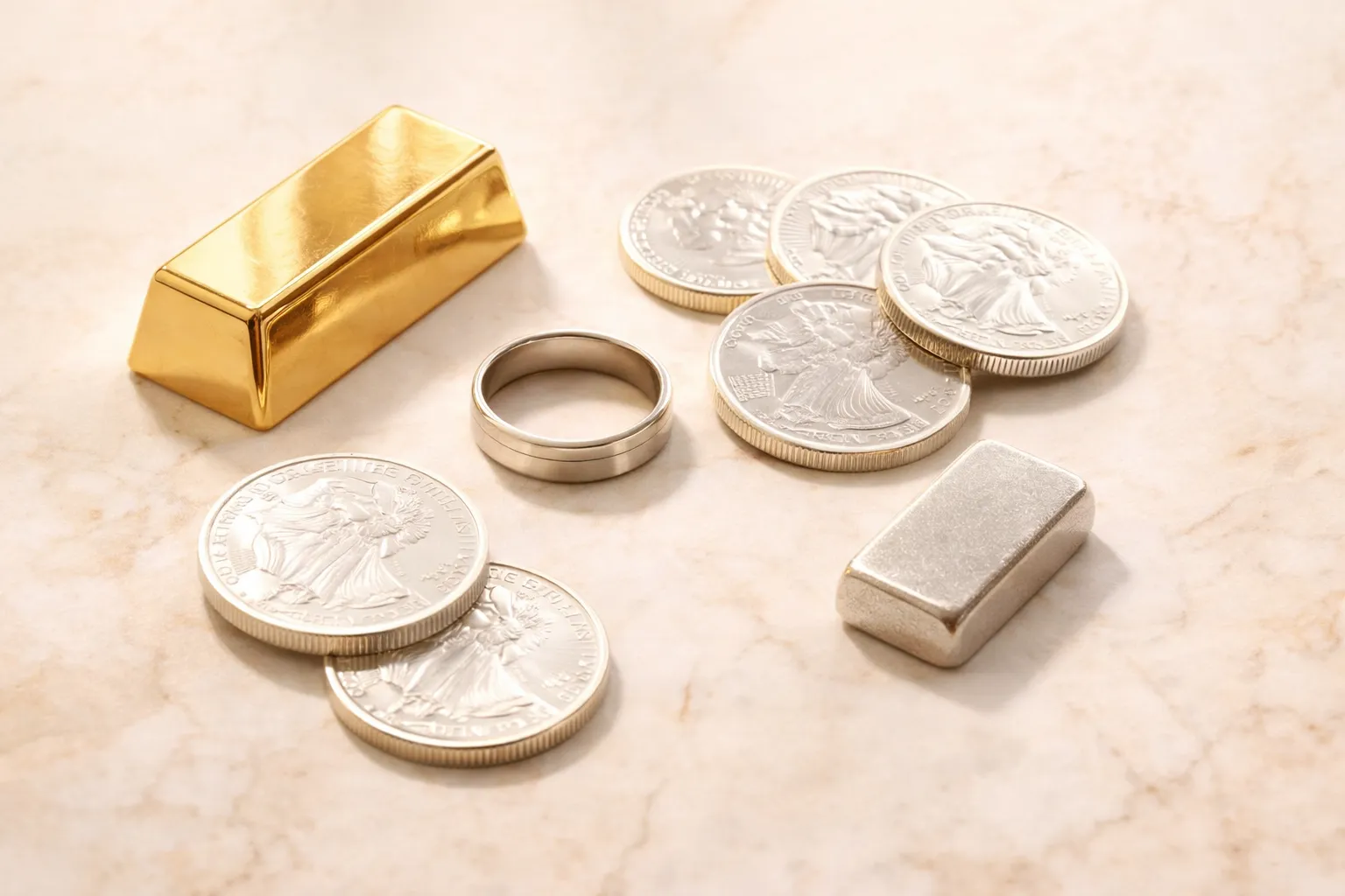 Edelmetalle – Goldbarren, Silbermünzen, Platinring und Palladiumbarren auf hellem Marmor