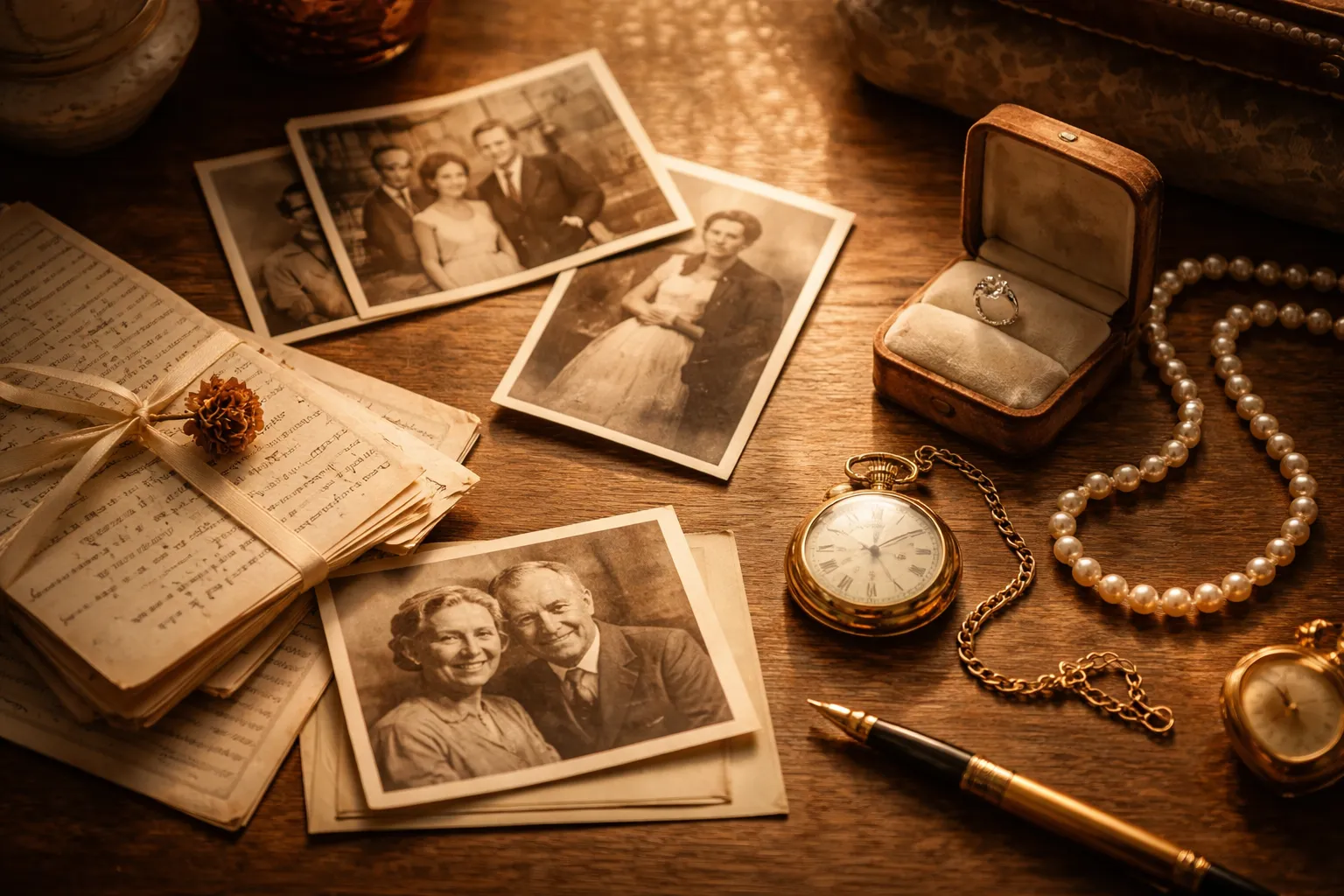 Erinnerungsstücke – alte Fotografien, Taschenuhr und Perlenkette