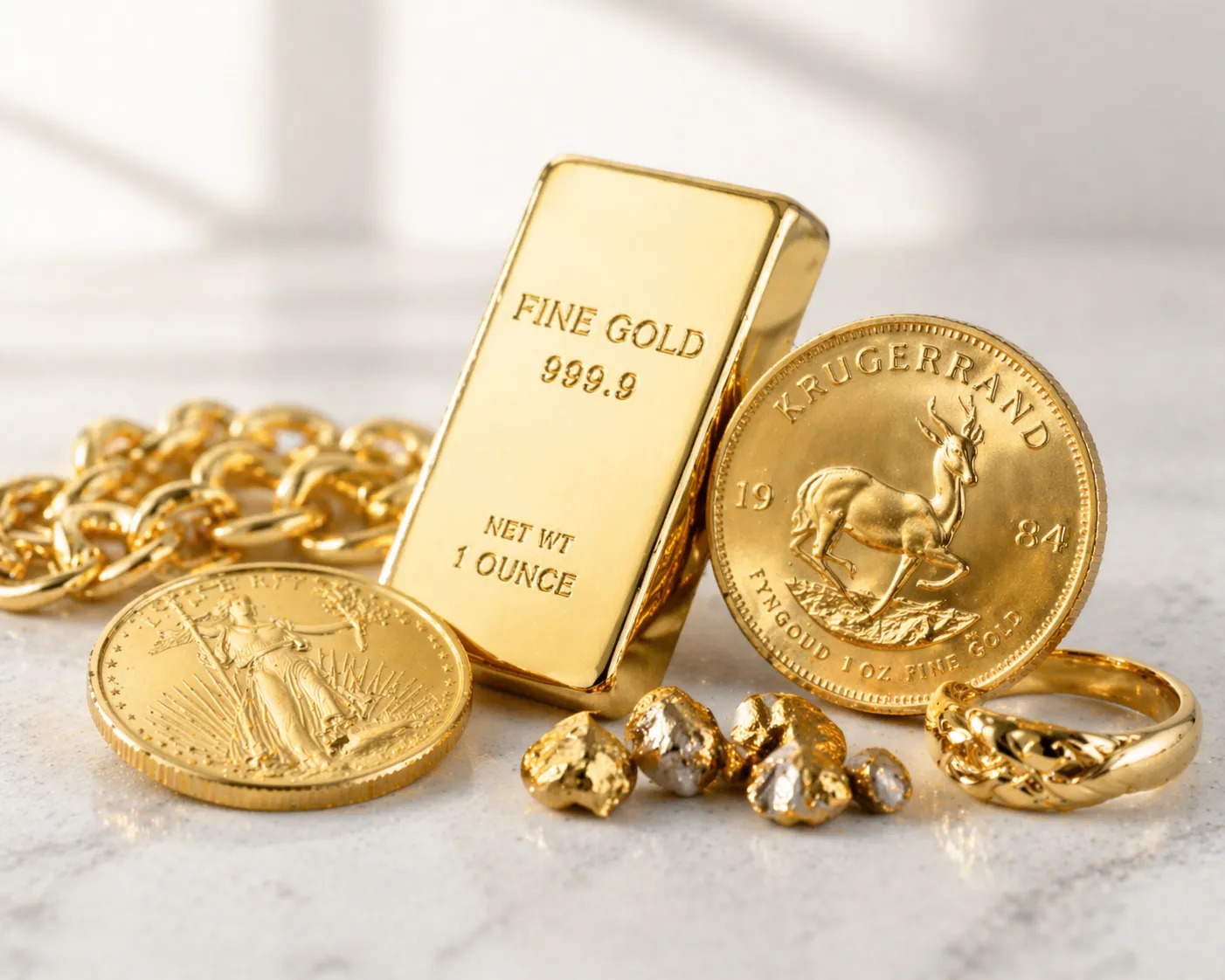 Goldbarren, Goldmünzen und Goldschmuck