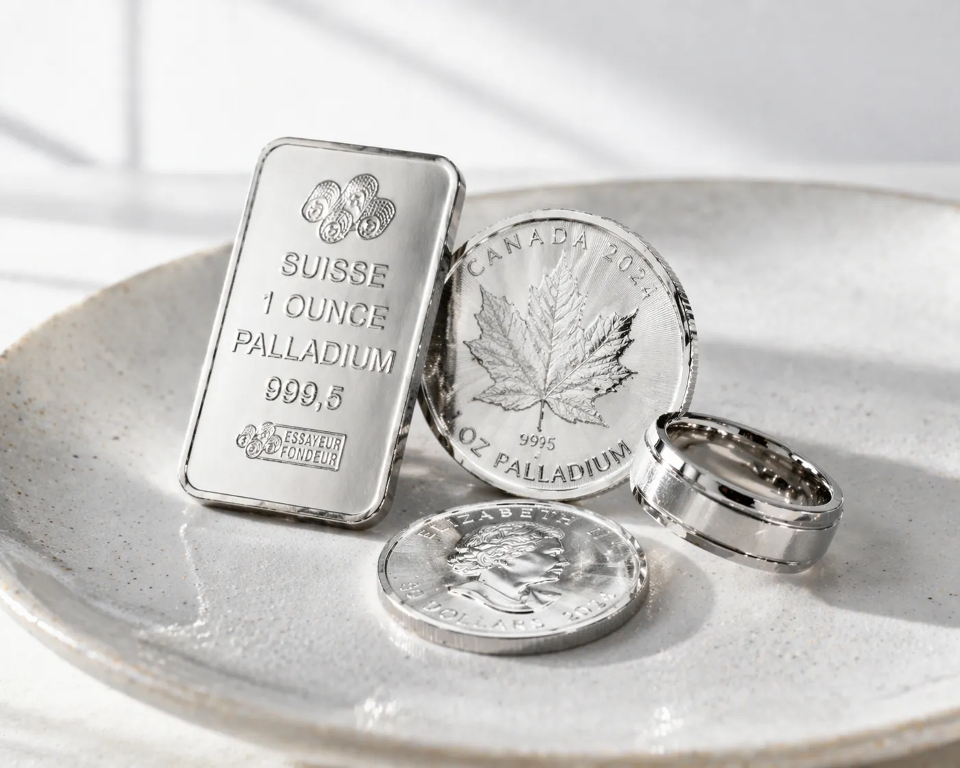 Palladiumbarren, Palladiummünzen und Palladiumschmuck