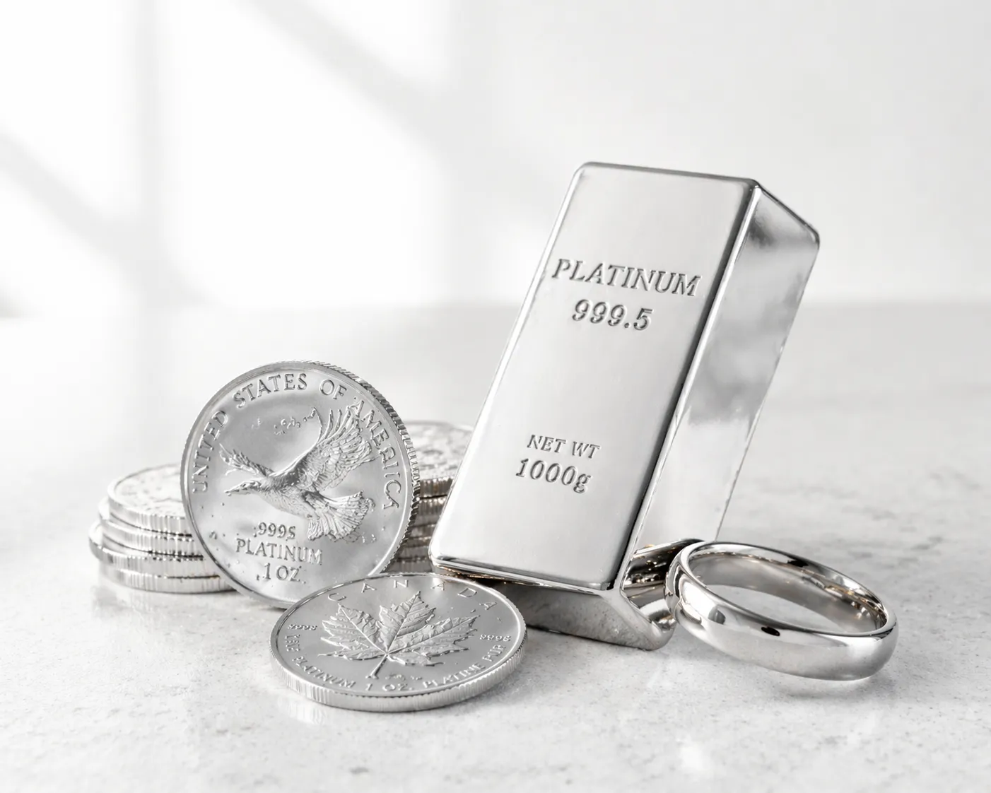 Platinbarren, Platinmünzen und Platinschmuck